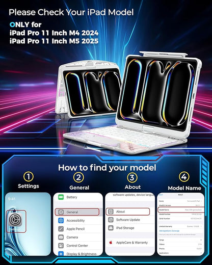 SIBEITU Keyboard Case for iPad Pro 11 Inch (M5 2025 / M4 2024), 360 Rotatable iPad Pro 11 Clear Cover with Multi-Touch Trackpad, 7-Color Backlight & 3 Brightness, High-Tech Visible PCB Design, White