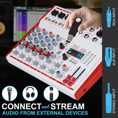 Yamnweo MW-6 White 6 Channel Professional DJ Audio Mixer, Portable Controller Mixer with DSP 99 Preset Effects for Live Streaming, Podcasting, Family Party, Music Recording