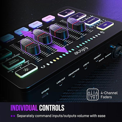FIFINE Gaming Audio Mixer, Streaming RGB PC Mixer with XLR Microphone Interface, Individual Control, Volume Fader, Mute Button, 48V Phantom Power, for Podcast/Recording/Vocal/Game Voice-AmpliGame SC3