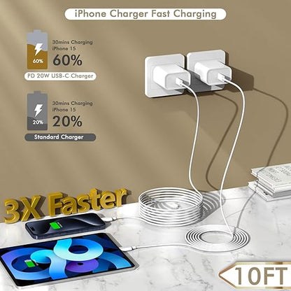 iPhone 16 15 Charger Fast Charging, 2Pack 10FT Extra Long USB-C to C Cable Cord with 20W Apple iPad USB C Fast Charger USB C Wall Charger Block for iPhone 16/16 Plus/16 Pro/16 ProMax/15/15 ProMax/iPad