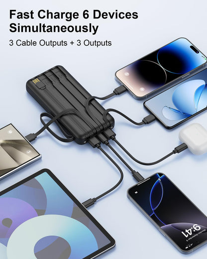 FlyKangaroo Portable Charger with Built in Cables, Slim 10000mAh Fast Charging 22.5W Power Bank USB C LED Display Battery Pack 6 Outputs & 2 Inputs for iPhone Samsung Pixel LG Moto iPad