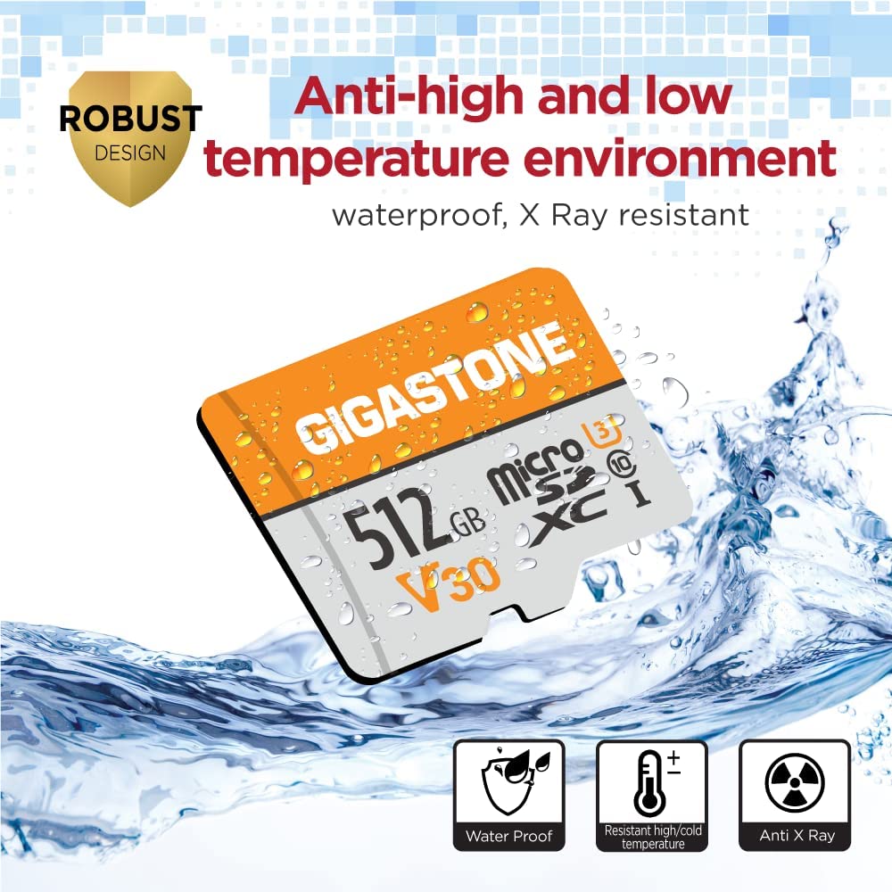GIGASTONE 512GB Micro SD Card, for Surveillance, Security Camera, Action Camera, Drone, 100MB/s, A1 V30 4K Video Recording MicroSDXC Memory Card UHS-I Class 10
