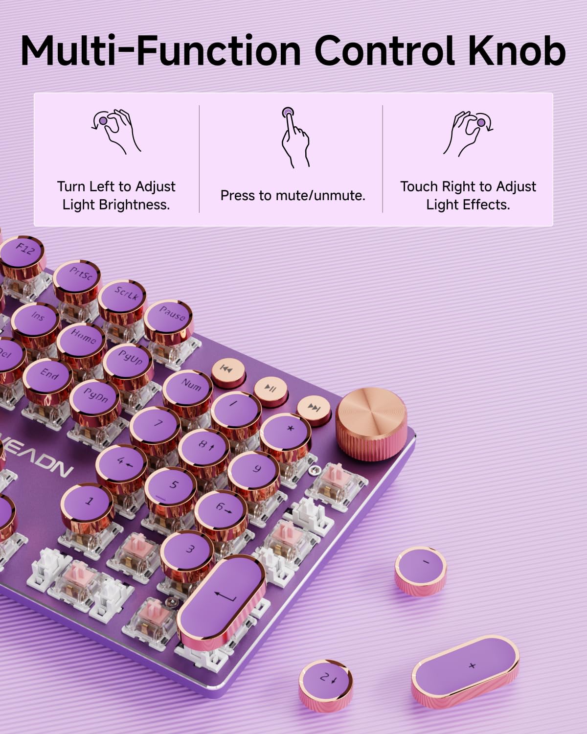 EWEADN Wired Typewriter Mechanical Keyboard, Low Noise Pink Switch Retro Punk Keyboard with Media Knob, White Backlit, Metal Panel, 104-Key Round Keycaps Cute Keyboard for Windows PC -Purple