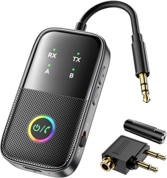 A5 Pro Bluetooth Transmitter Receiver,2-in-1 Airplane Bluetooth Adapter for Airplanes,TVs,Gyms,Supports Connecting 2 AirPods/Headphones,Low Latency and HD for Car/Home Stereo