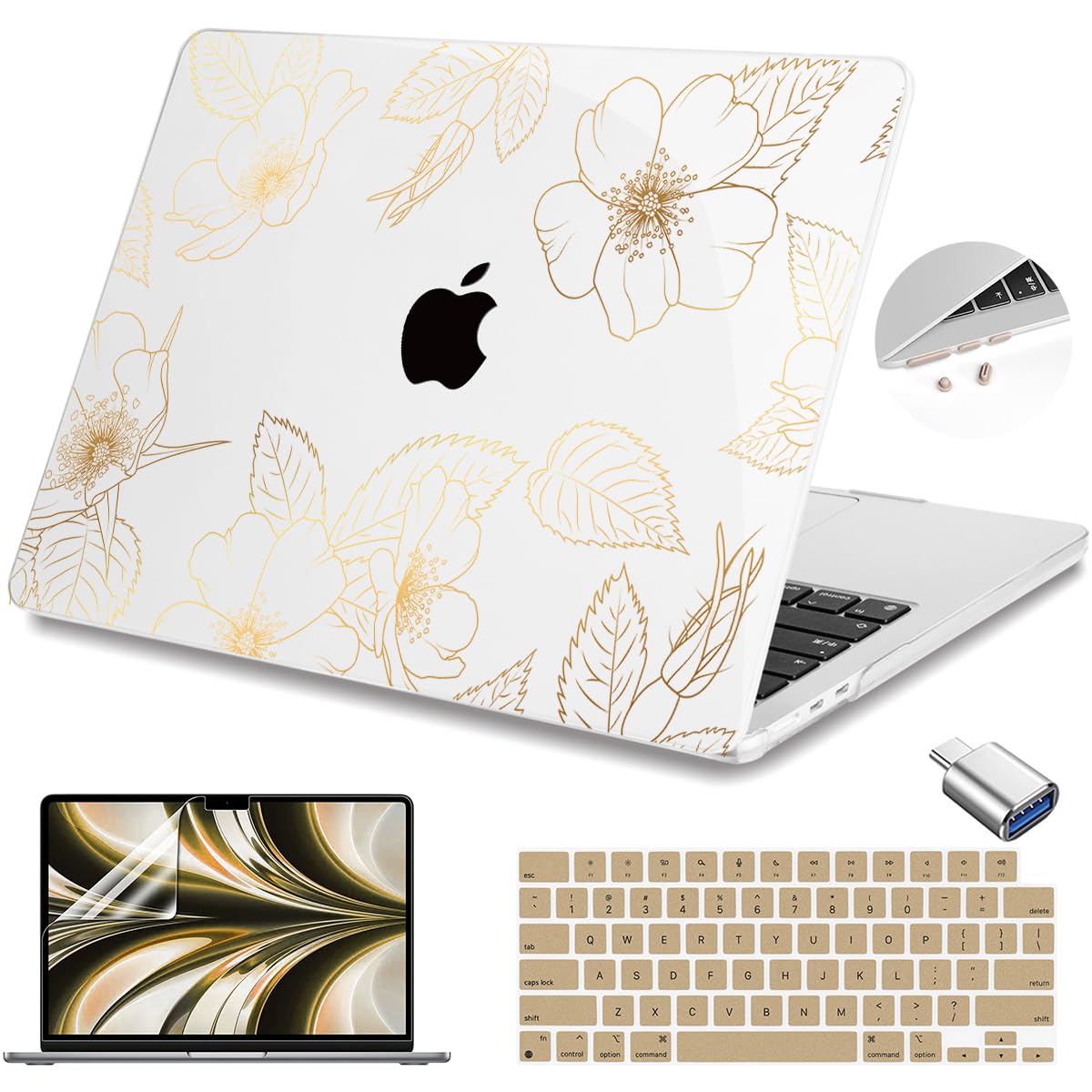 Teryeefi for MacBook Air 13.6 inch Case M5 M4 M3 M2 2022 2023 2024 2025 Model A2681 A3113 A3240 A3449 Plastic Hard Shell Cover with Screen Protector & Keyboard Cover & USB Adapter, Gold Flower Leaf