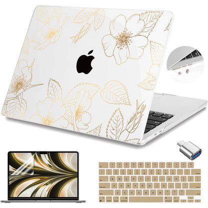 Teryeefi for MacBook Air 13.6 inch Case M5 M4 M3 M2 2022 2023 2024 2025 Model A2681 A3113 A3240 A3449 Plastic Hard Shell Cover with Screen Protector & Keyboard Cover & USB Adapter, Gold Flower Leaf