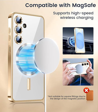 Slim Thin for Samsung Galaxy S25 Plus Case, Compatible with MagSafe, Built-in Camera Lens Protector, Shockproof Protective Phone Case, Soft Electroplated Clear Cover, Gold