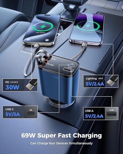 [2024 Upgraded] 4 in 1 Retractable Car Charger, SUPERONE Smaller Fast Car Phone Charger 69W with Cord, USB C and iPhone Car Charger Adapter, Compatible iPhone 15/15 Pro Max/14/13/12/11, Sumsung