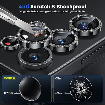 WSKEN for Samsung Galaxy S25 Ultra Camera Lens Protector - Ultra Thin Case Friendly, 9H Shatterproof Tempered Glass with Aluminum Metal Circle Camera Screen Protector Cover Accessories, Glitter Black