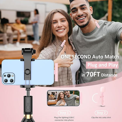 2 Pack Wireless Lavalier Microphone for iPhone iPad Android with Charging Case - 7H Clip on Lapel Microphone Wireless for Video Recording Vlogging, YouTube, Interview, 3 Mode Denoise (Pink)