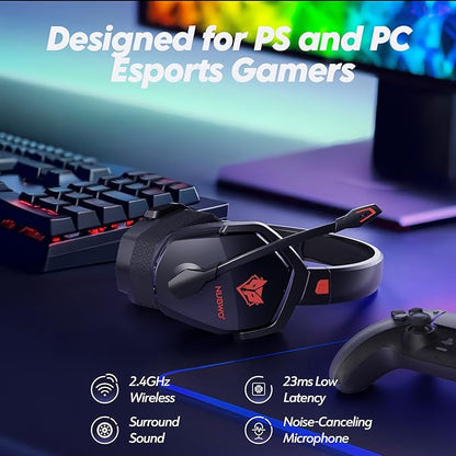 NUBWO G06 Dual Wireless Gaming Headset with Microphone for Ps5, Ps4, PC - 23ms Low Latency Audio - 100-Hour of Playtime - 50mm Drivers (Black-Red)