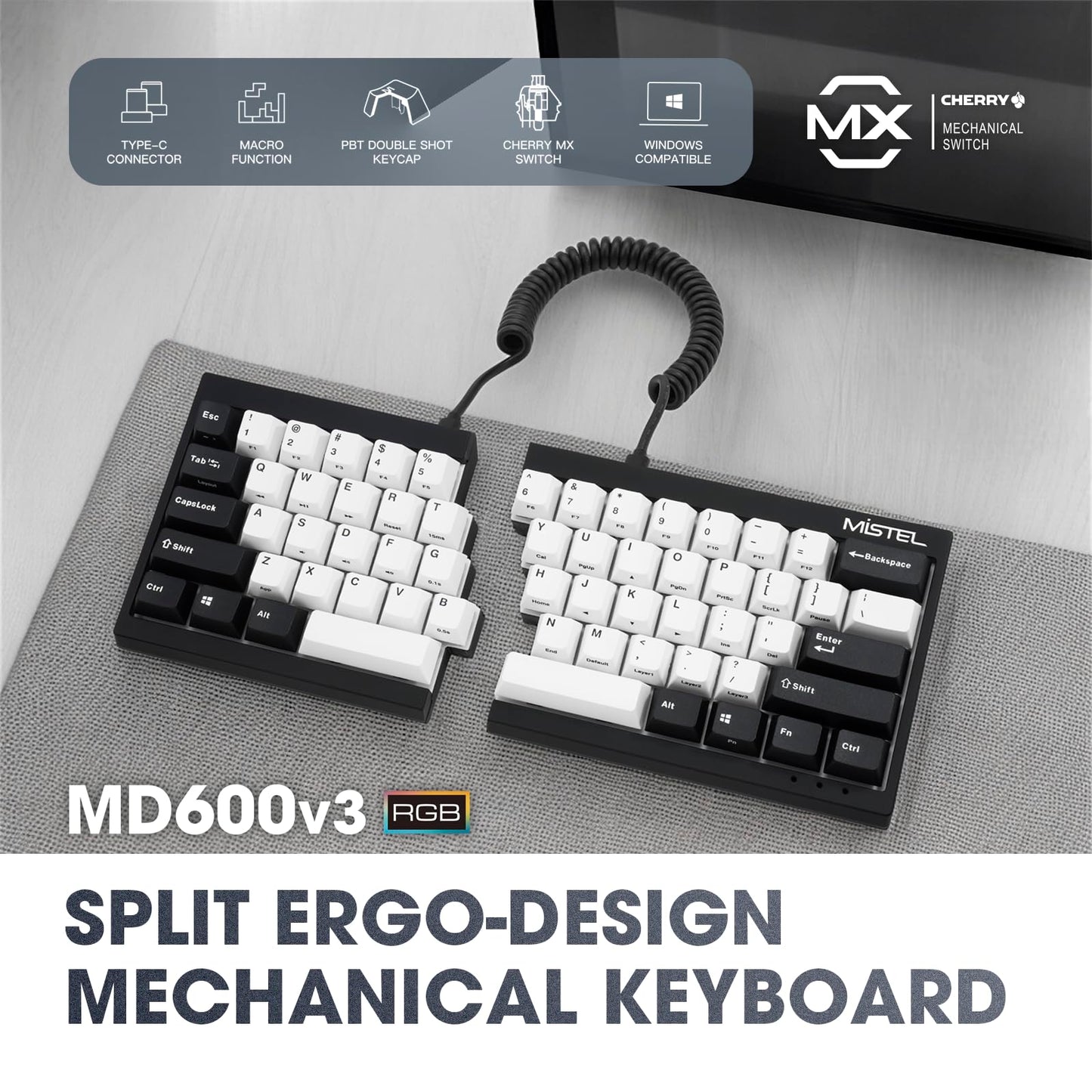 BAROCCOMiSTEL MD600 V3 RGB ORCA TKL Ergonomic Mechanical Keyboard, Cherry MX, Split Layout, PBT DoubleShot Keycap, Windows OS Compatible (Silent Red)