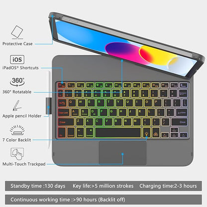for iPad A16 11th Generation/10th Generation Case with Keyboard,Touch Keyboard for iPad 11" /10th Gen 10.9 inch 2022-10 Color Backlight, 360° Rotatable Protective Cover (Titanium Gold Grey)