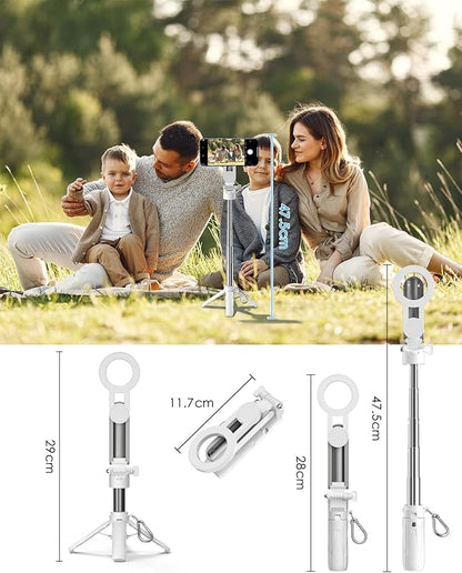 CloudValley Magnetic 4-in-1 Multifunctional Selfie Stick Tripod, Mini Portable Pocket Phone Stand with Detachable Remote, Compatible with MagSafe, for iPhone/Android, Travel Vlog, Live Stream, White