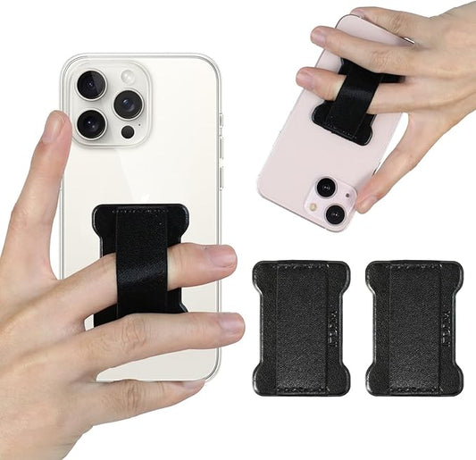 WUOJI Phone Grip Finger Strap Holder, Phone Gripper for Back of Phone Grip Phone Finger Holder Suitable for iPhone Samsung and Most Smartphones - 2Pack(PU Black)