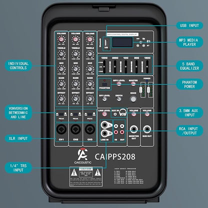 All-in-One 2-Way PA Speaker System DJ Mixer Bundle,300W 8-Channel Mixer Bluetooth, Amplifier Kit with 8" Subwoofer and 1" Horn Tweeter,USB,2 Speaker Stands, Mic