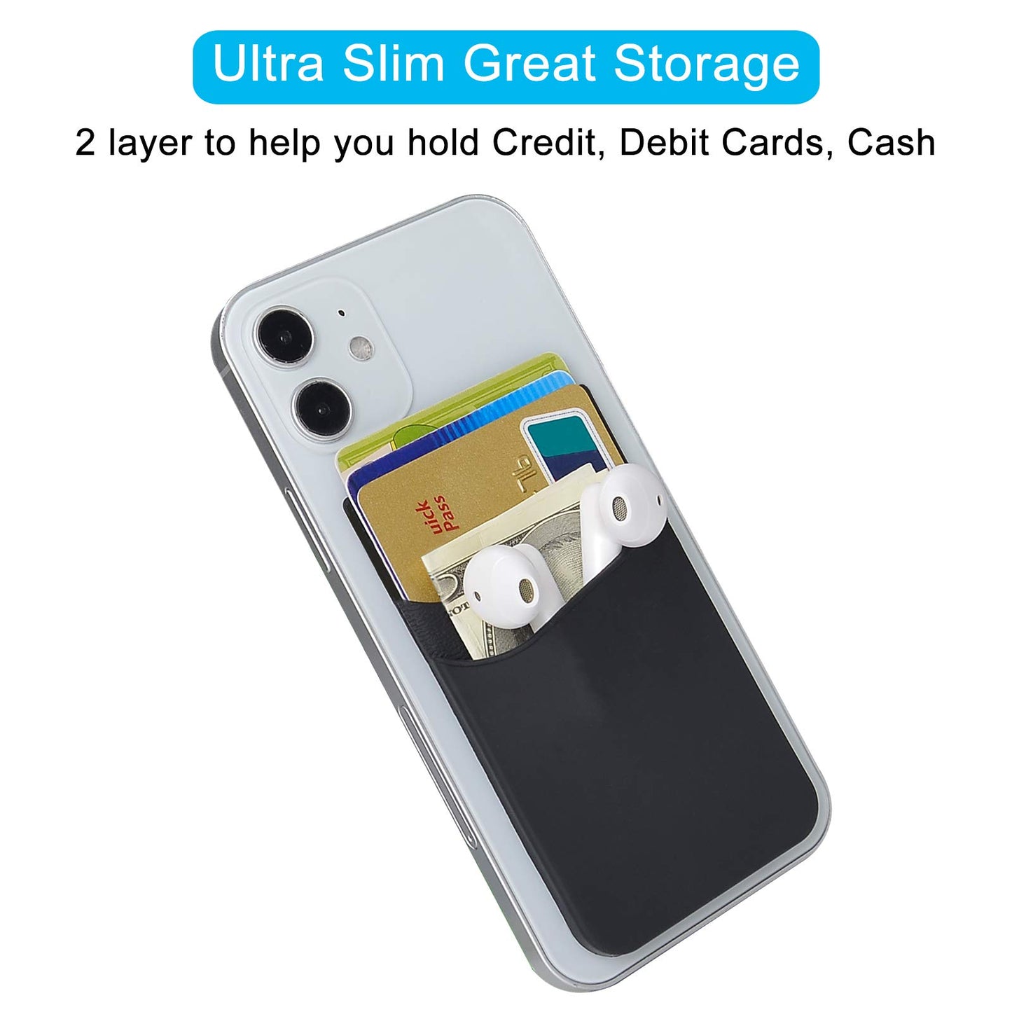 SS Card Holder for Back of Phone, Cell Phone Wallet Stick-on Credit Card Sleeve Pocket Silicone Pouch Compatible for iPhone, Samsung Galaxy and Most SamrtPhones 4 Pack