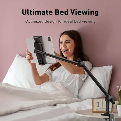 AboveTEK Tablet Stand Holder, Aluminum iPad Holder for Desk & Bed, Adjustable Arm Clamp Mount with 360° Rotation, Overhead Compatible with 4.7"-13.5" iPad Pro/Air/Mini, iPhone, Galaxy Tab- Black