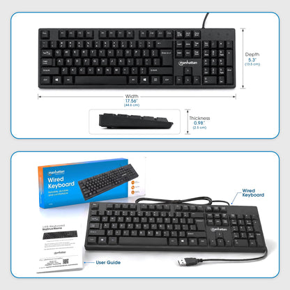 Manhattan Wired Computer Keyboard – Basic Black Keyboard - with 4.5ft USB-A Cable, 104-keys, Foldable Stands - Compatible for Windows, PC, Laptop - 3 Yr Mfg Warranty – 179324