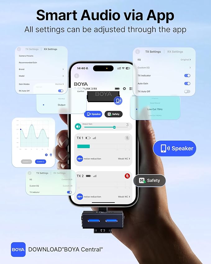 BOYA BOYALINK 3 Wireless Lavalier Microphone for iPhone/Android/Camera/PC/Tablets,AI Noise Cancellation,48kHz/24Bit Studio Sound,APP Control,984ft 30h Battery with Charging Case for Vlogging Interview