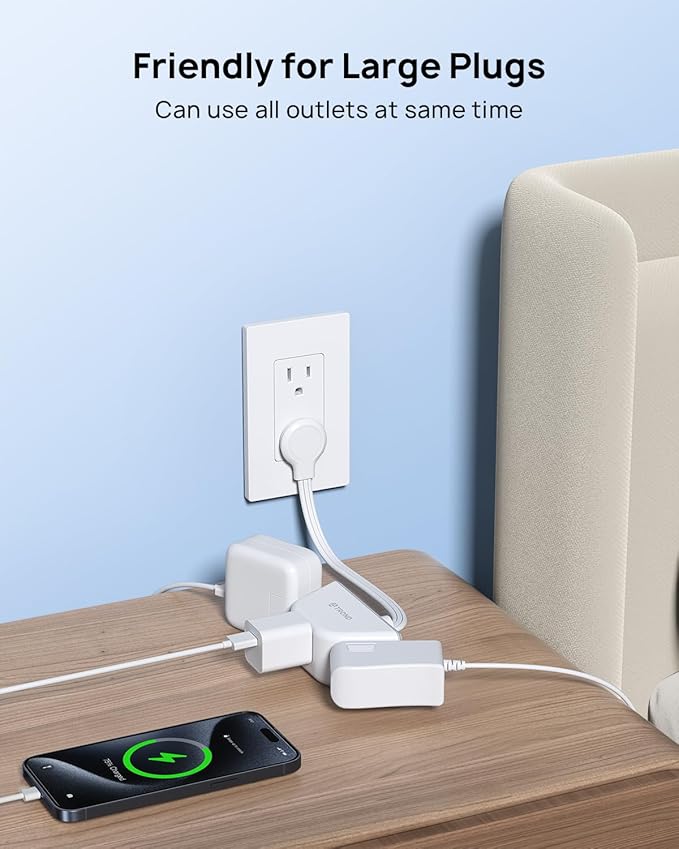 TROND Flat Outlet Extender with 6 Inch Cord - 3 Way Angled Plug Extension Outlet Adapter, Cruise Ship Essentials, Small Multiple Plug Splitter for Home Office Travel, White