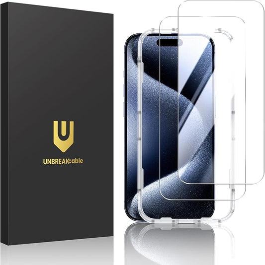 UNBREAKcable 2 Pack Screen Protector for iPhone 15 Pro Max, Military-Grade Shatterproof Tempered Glass [9H+ Hardness] [Easy Installation Frame] [99.99% HD Clear] for Apple iPhone 15 Pro Max
