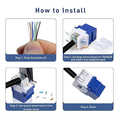RJ45 Cat6 Keystone Jacks 25-Pack, Ethernet Keystone Jack, 180 Degree Punch-Down Cat 6 Keystone Jack Slim Profile for Wall Plates & Patch Panels – Blue