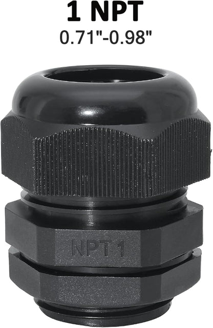 1" NPT Nylon Cable Glands, IP68 Waterproof Adjustable Cord Grip Cable Connector Strain Relief Wire Protectors for 18-25mm Cable Diameter, 2 Pcs, Black