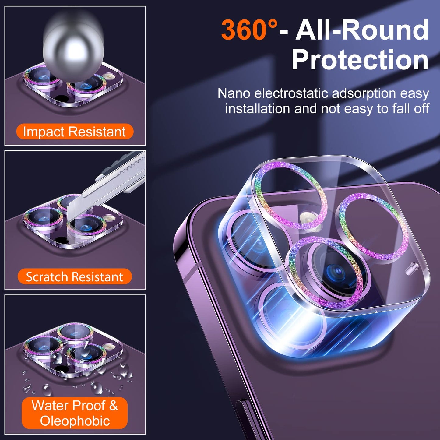 UniqueMe [3 Pack Compatible for iPhone 14 Pro Max/iPhone 14 Pro Camera Lens Protector Tempered Glass,[Case Friendly][Scratch-Resistant][Night Shooting Mode]-Glitter Colorful