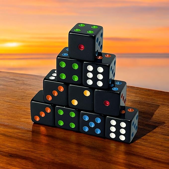 Luck Lab 10 Piece D6 Multicolor Pip Dice Pack - Acrylic 16mm Square Edge Standard Dice for RPG MTG DND Table Games and Board Games, Storage Bag Included (Black Multicolor)