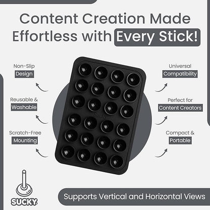 SUCKY Silicone Suction Phone Case Adhesive Mount - Anti-Slip Holder, Hands-Free Fidget Toy, Phone Accessory for iPhone and Android (Deep Black, Single Sided)