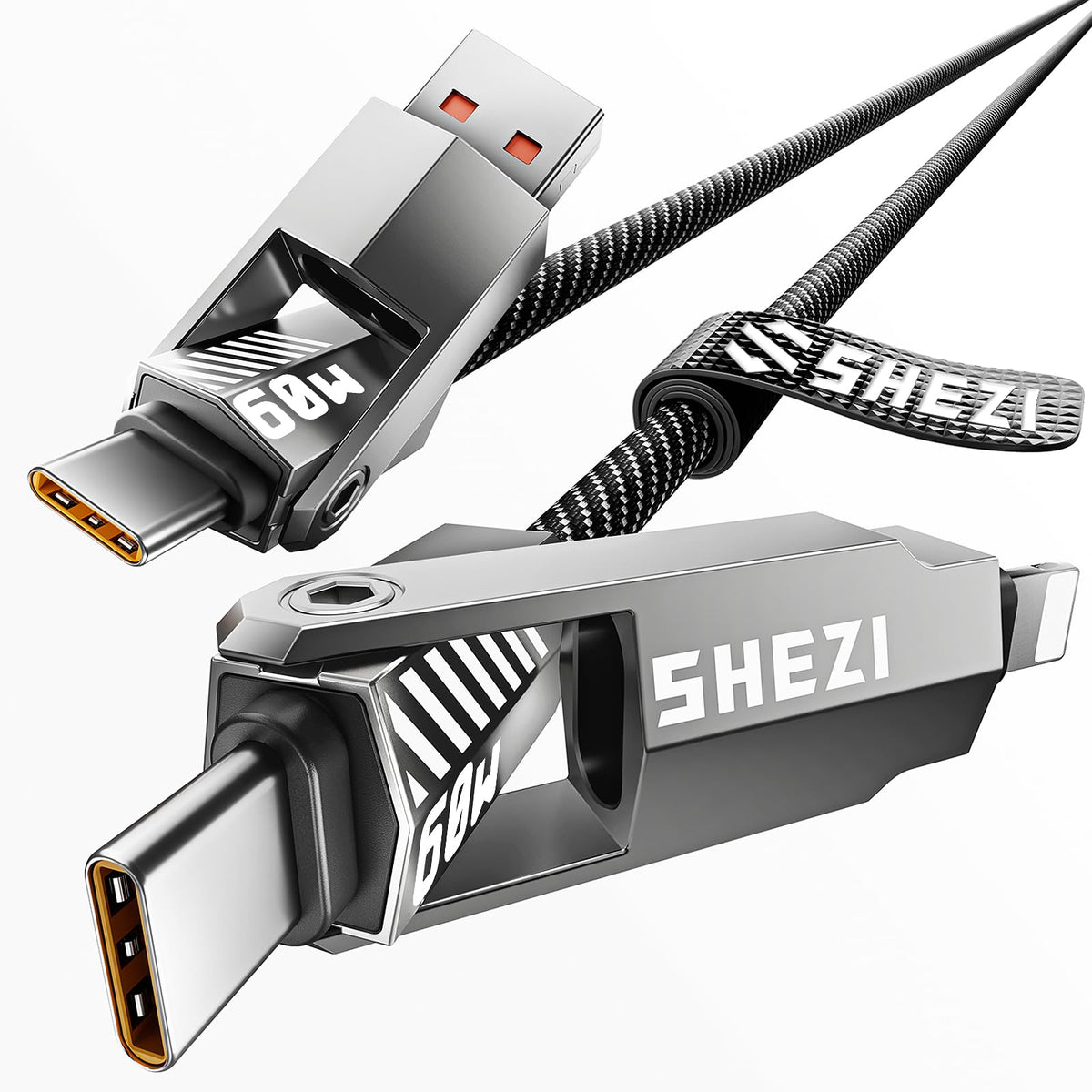 SHEZI Nylon Braided 4 in 1 USB C Cable 240W 5FT Compatible with Lightning Cable, Fast Charging for iPhone/iPad Charger Cord [480Mbps Data Sync],Multi Charging Cable with Type C/USB A, Grey