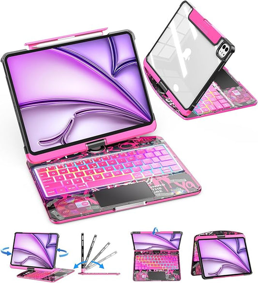 SIBEITU Clear Wireless Keyboard Case for iPad Air 13-inch M4/M3/M2 (2026/20252024) & iPad Pro 12.9-inch 6th 5th 4th 3rd Gen, Precision Trackpad & 7-Color Backlit, Pencil Holder, 360°Rotatable, Pink