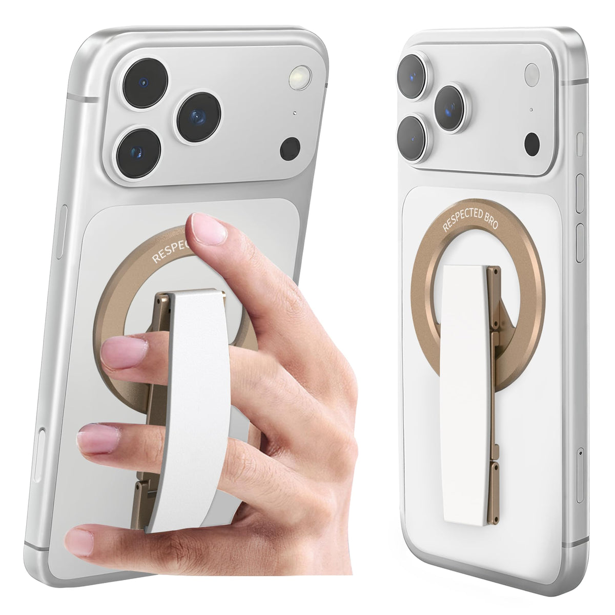 RESPECTED-BRO-Magnetic-Phone-Grip-Stand, Magnetic Phone Ring Holder Kickstand with Silicone Finger Strap, Compatibility for iPhone 17/16/15/14/13/12, Android, and More (Orange)