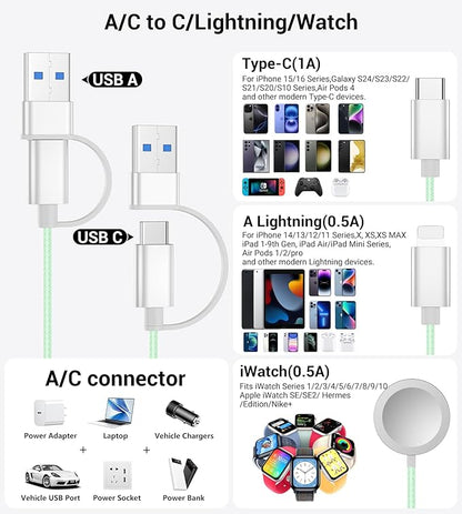 Temdan for Travel Vacation Essentials,3 in 2 USB C Cable for Apple Watch Charger/iPhone 16 Charger/Lightning,Multi Charging Cable Cord,Camping Essentials,Designed for iWatch &iPhone 16-12-5FT Green
