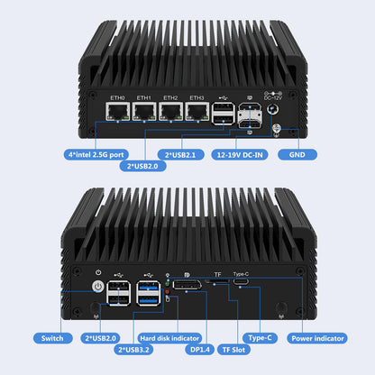 Firewall Micro Appliance Core N150,4xi226-V 2.5G Fanless Mini PC,DDR5,2*NVMe 2*SATA,6*USB,2*HDMI,Type-C,DP,Firewall Mini PC NAS Server
