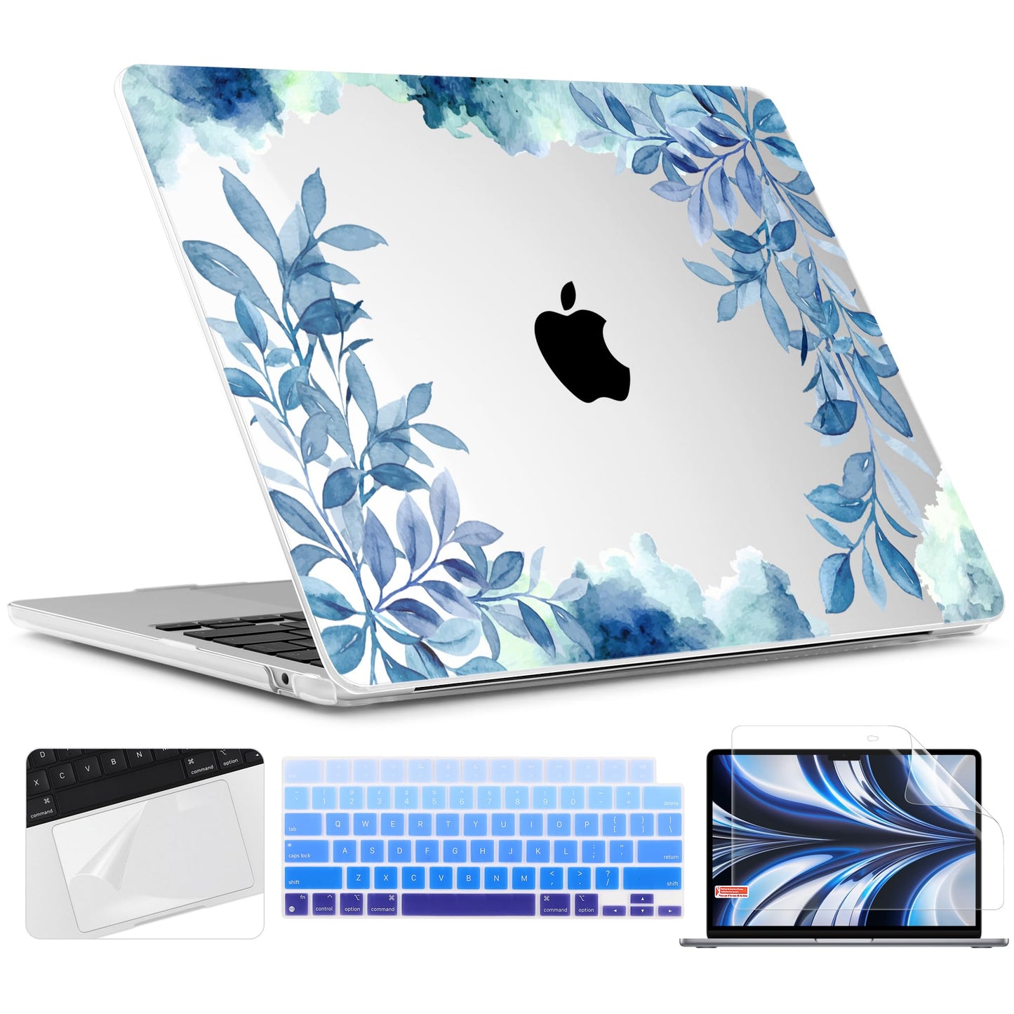 TWOLSKOO for MacBook Air 13 inch Case M5 2026 M4 2025 M3 M2 2024-2022 A3449 A3240 A3113 A2681, Plastic Hard Shell & Keyboard Cover & Screen Film for MacBook Air 13.6 inch Case, Blue Floral
