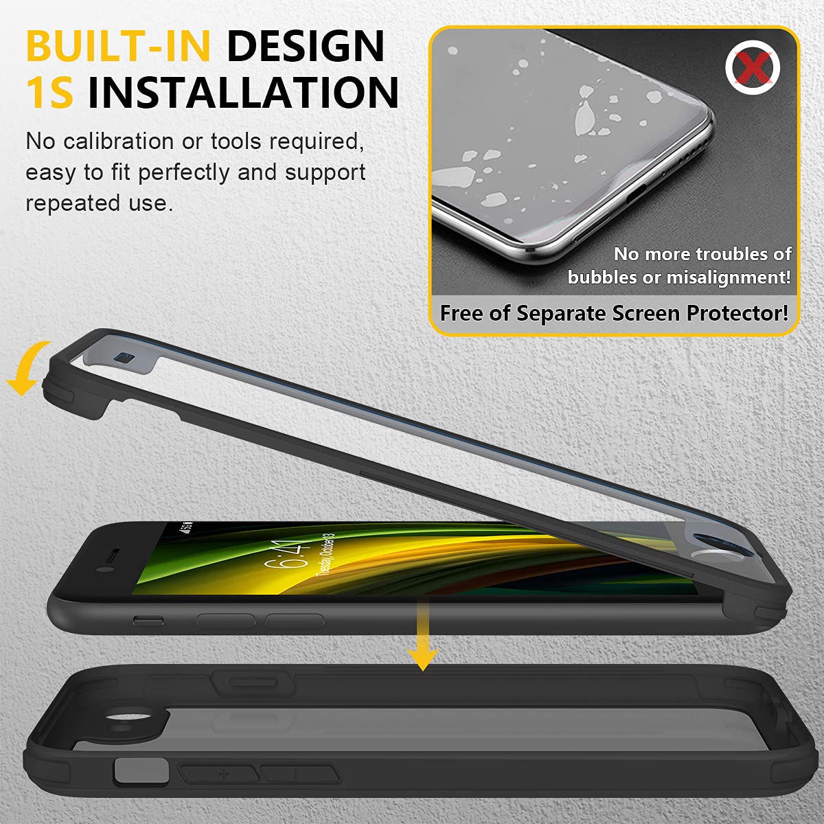 Miracase for iPhone SE Phone Case 3rd/2nd Generation 2022 2020 Full-Body with Built-in Glass Screen Protector, Heavy Duty 360° Protective Shockproof Bumper Cover for iPhone 8/SE 4.7 Inch, Black