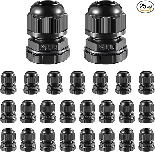 RTHIEAI 25 PCS 1/2"(6-12.5mm) NPT Nylon Cable Gland Joints with Gaskets, IP68 Adjustable Lock Nut Strain Relief Cord Grip Waterproof Cable Glands - UL Listed and RoHS Compliant