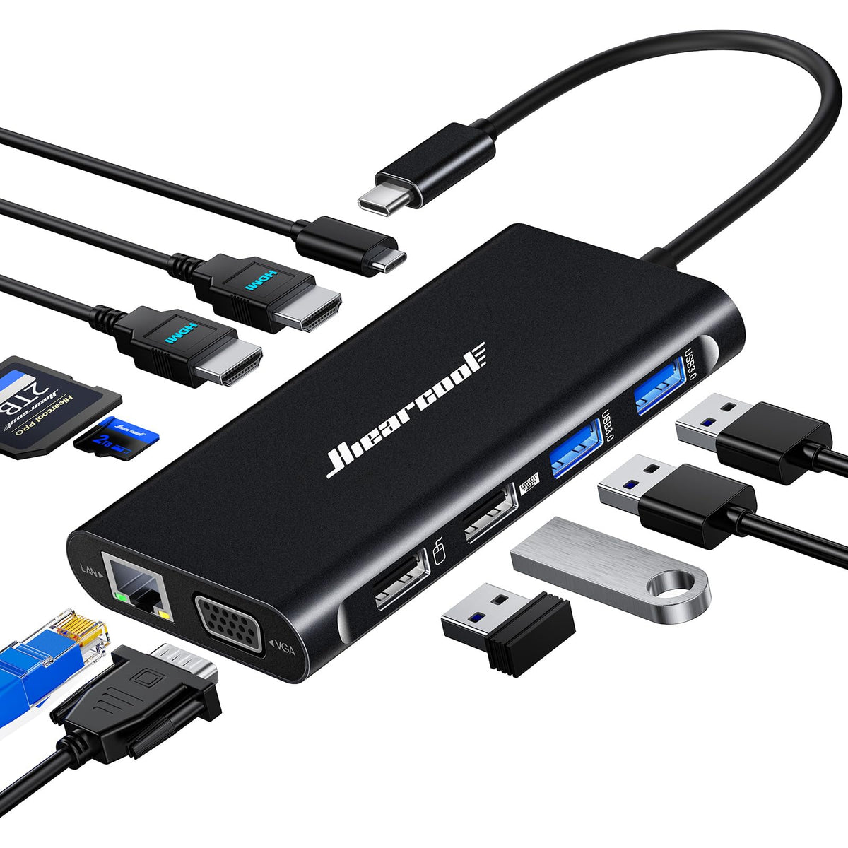 Hiearcool USB C Docking Station, 11-in-1 Dock, HDMI, VGA, Ethernet, Black