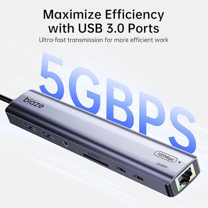 9-in-1 USB/USB C Hub Adapter for MacBook, iPhone,3 USB Ports (2xUSB 3.0, USB 2.0), 100M Ethernet, SD/TF Card Reader, 3.5mm Audio, 2X USB-C Data Ports,No Driver Required
