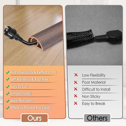 Floor Cord Cover for Wires on Floor Self Adhesive Cord Hider Floor Cable Management Wire Covers for Cords Protector Prevent Cable Trips Cord Cavity W 0.32" x H 0.32", Grayish Brown Wood, 3.3Ft
