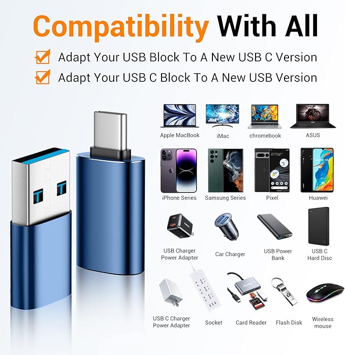𝟒𝐏𝐚𝐜𝐤 𝐔𝐩𝐠𝐫𝐚𝐝𝐞𝐝 USB to USB C Adapter,USB C Male to USB 3.0 Female OTG Converter for iPhone 16 15 14 13 Plus Pro Max,Apple Watch,Airpods,S24 Ultra, Gender Changers OTG Adapters - Blue/Black