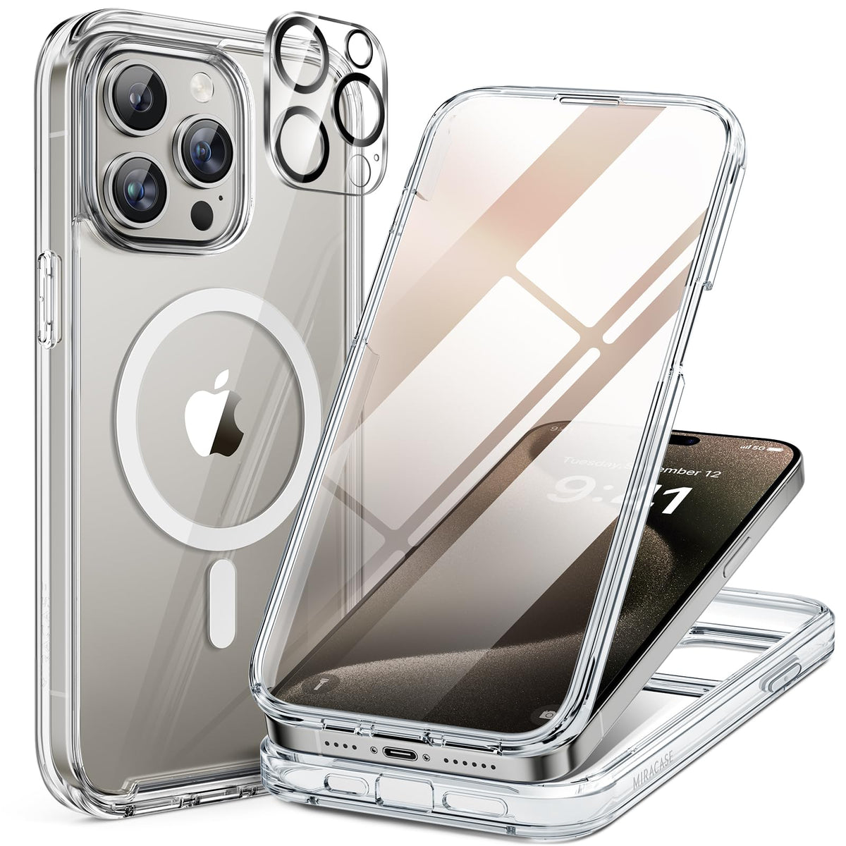 Miracase for iPhone 13 Case 6.1'',Full-Body Magnetic Clear Bumper Case with Built-in 9H Tempered Glass Screen Protector,Military Drop Protection Outdoor Phone Case — iPhone 15 Pro Max