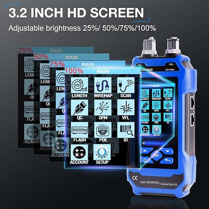 10 in 1 Network Cable Tester with 7 Wavelengths OPM 10Km/10mW VFL 600M Measurable Length 100 Records Tool Kit for CAT5 CAT6 Telephone Ethernet RJ11 RJ45 PoE Wire Tracer NCV, Blue