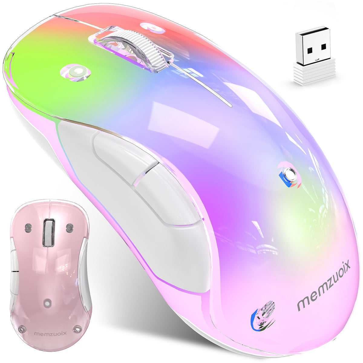 memzuoix 2.4G Aesthetic Wireless Mouse - Customizable Covers & LED Mood Lighting - Rechargeable Ergonomic Design, 5 Buttons, 1200 DPI for Office, Laptop, Mac - White