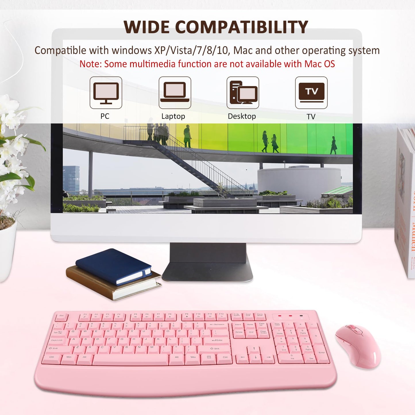 Wireless Keyboard and Mouse Combo, EDJO 2.4G Full-Sized Ergonomic Computer Keyboard with Wrist Rest and 3 Level DPI Adjustable Wireless Mouse for Windows, Mac OS Desktop/Laptop/PC (Pink)