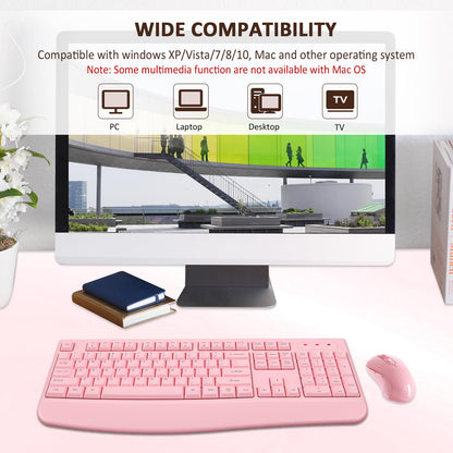 Wireless Keyboard and Mouse Combo, EDJO 2.4G Full-Sized Ergonomic Computer Keyboard with Wrist Rest and 3 Level DPI Adjustable Wireless Mouse for Windows, Mac OS Desktop/Laptop/PC (Pink)