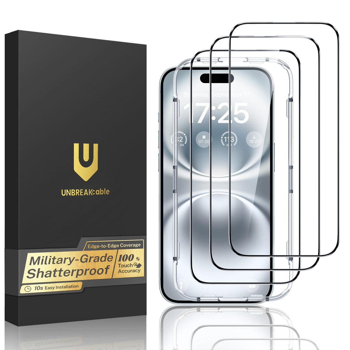 UNBREAKcable 3-Pack Screen Protector for iPhone 15, Double Shatterproof Tempered Glass [Easy Installation Frame] [99.99% HD Clear] [9H Hardness] [Full Coverage] [Case Friendly] for Apple 15 6.1 inch