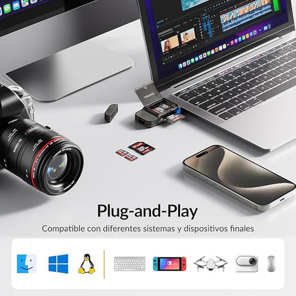 6-in-1 SD/TF Card Reader Adapter with USB A & Type C Port & USB 3.0 Slots for Micro SD/SDHC/SDXC/MMC Memory Cards, Compatible with PC, MacBook, Chromebook, Android Phone, i-Phone
